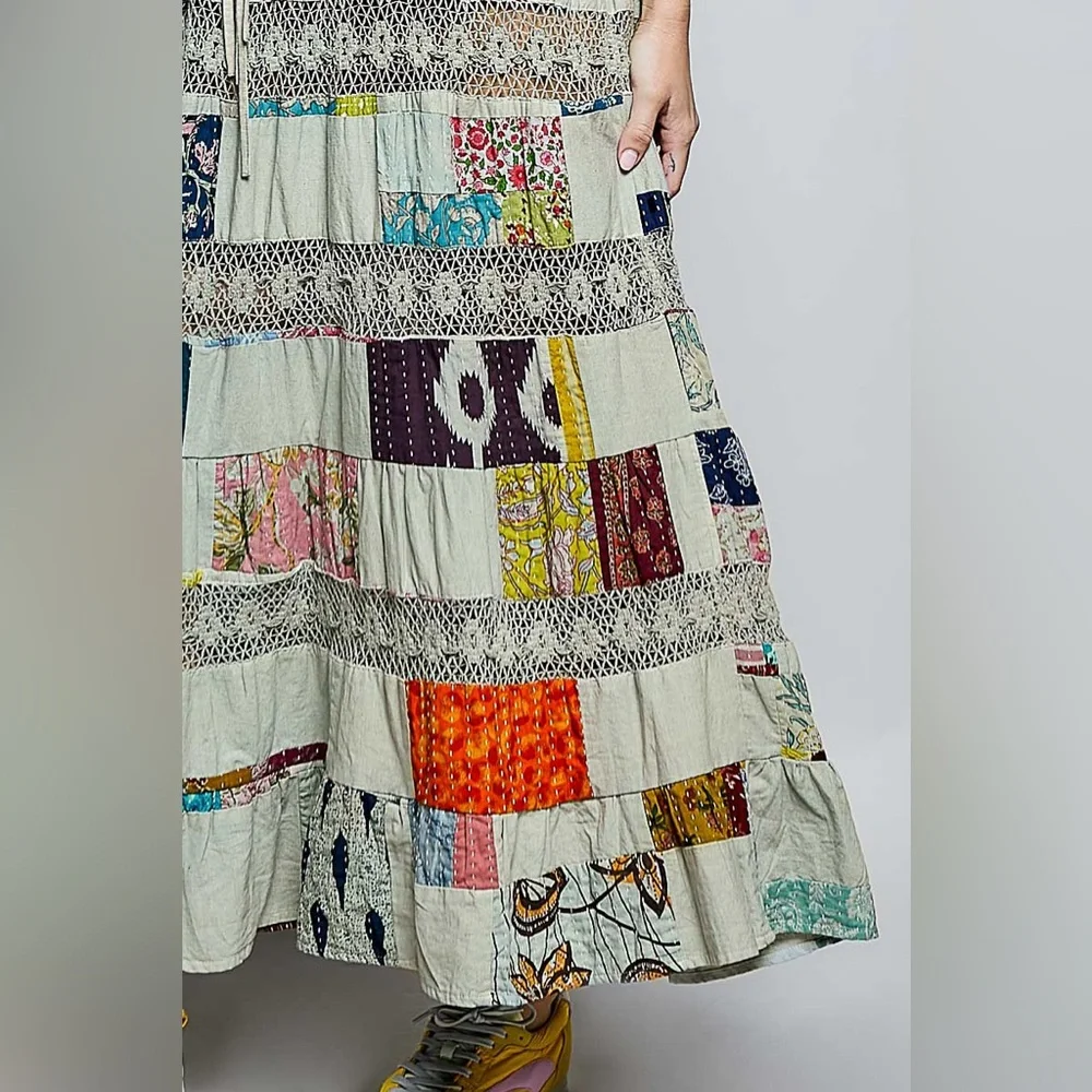 PT7 New! POL Bohemian Patchwork Maxi Dress in Sage Green - Picture 2 of 5